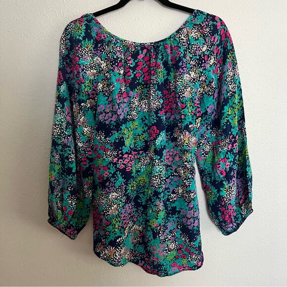 Shoshanna Teal Blue Pink Printed Long Sleeve 100% Silk Blouse Women's size 6 - Picture 2 of 5